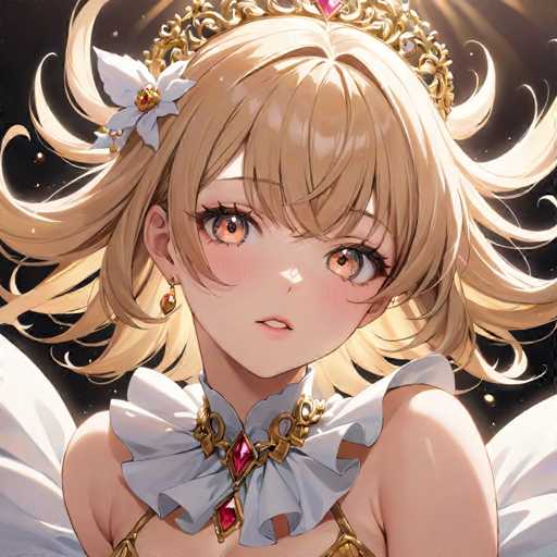 The image features a striking anime-style character set against a black background. The character has long, flowing blonde hair adorned with a white flower on the left side, which is embellished with a red gem. Her hair cascades down to her shoulders, framing her face. She has large, expressive brown eyes and a small, delicate nose. Her mouth is slightly open, revealing a glimpse of her teeth. 

Her attire includes a white collar with gold accents and a prominent red gem at the center. The collar is connected to a gold chain that drapes down her chest, adding an elegant touch to her outfit. The character's skin is a light tan, and she has a small earring on her left ear. 

Her hair appears to be gently blowing in the wind, adding a dynamic element to the image. The overall composition highlights her detailed features and the intricate design of her accessories, creating a captivating and ethereal appearance.