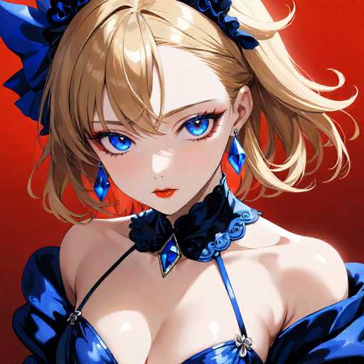 This image features a detailed drawing of a young woman, likely in her early 20s, with a distinct anime style. She has fair skin and striking blue eyes, accentuated by red lipstick. Her blonde hair is styled with bangs that partially cover her forehead, and it flows down to her shoulders, adorned with a blue bow on the left side. She wears blue dangling earrings and a blue choker necklace with a prominent blue gem at its center. Her attire includes a blue dress with thin straps and a low neckline, revealing some cleavage. The background is a solid red, which contrasts with the blue and white elements of her outfit, making her the focal point of the image.