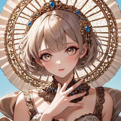 This image features a detailed drawing of a young woman with short, light brown hair that falls just below her ears. She has large, expressive brown eyes and a small, delicate mouth. Her attire is a light brown dress adorned with intricate gold lace around the neckline and shoulders. The dress is low-cut, revealing a hint of cleavage. Around her neck, she wears a thick, ornate necklace that appears to be made of gold and blue gemstones, adding a touch of elegance to her ensemble. She is also wearing a large, elaborate hat that resembles a fan, crafted from gold with blue gemstones. The hat is wide and circular, extending outward from her head. Her right hand is raised, with her fingers gently touching her chin, giving her a thoughtful expression. The background of the image is a clear blue sky, providing a serene backdrop to her poised and graceful appearance.