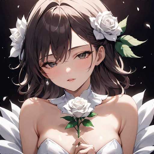 This image features a detailed drawing of an anime-style female character. She has shoulder-length brown hair adorned with two white roses, one on each side. Her large, expressive eyes are gray, and she has a small, delicate mouth. The character is wearing a white dress with a frilly collar, and she holds a white rose in her hand. The background is black, dotted with small white specks that resemble falling petals. The overall composition highlights the character's elegant and ethereal appearance.