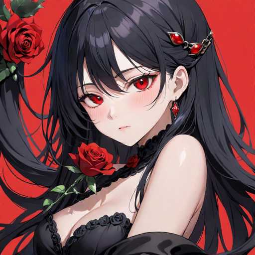 This image features a striking anime-style female character set against a vivid red background. She has long, flowing black hair adorned with a silver chain and red gemstone accessory on the right side of her head. Her hair cascades down her back, with bangs that partially cover her forehead and eyes. The character's eyes are a captivating red, and she has a small, delicate nose and a tiny mouth. Her skin is pale, and she wears a black choker with a red gemstone, complementing her black dress that has a lacy design around the neck and chest area. A red rose is positioned on her right shoulder, adding to her elegant and somewhat mysterious appearance.