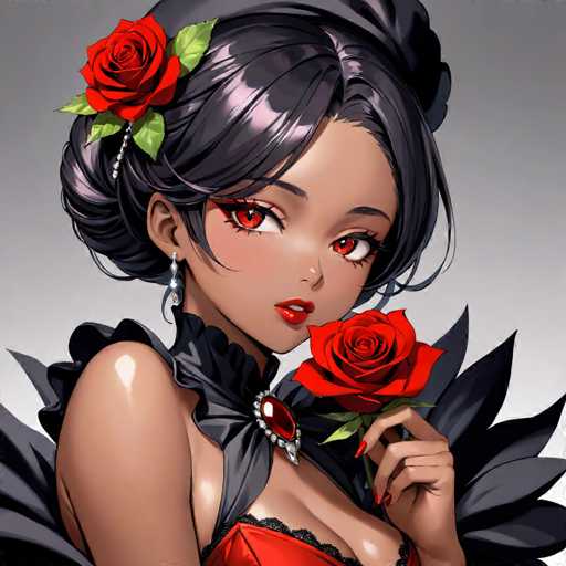 The image depicts a woman with striking red eyes and long dark hair wearing a black dress adorned with a large rose brooch on her shoulder. She is holding a single red rose in her hand. The background of the image is a light gray color that contrasts with the woman's dark attire, making her stand out prominently.
