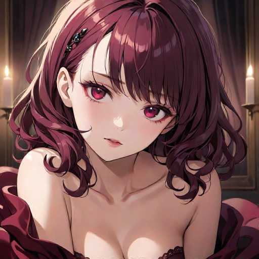 This image features a detailed drawing of an anime-style woman with striking, shoulder-length hair that is a blend of purple and brown hues. Her hair is adorned with a black barrette on the left side, adding a touch of elegance to her appearance. The woman's eyes are a captivating shade of purple, complementing her fair complexion. She is dressed in a red dress that reveals her shoulders and chest, adding a touch of allure to the portrait. The background is softly illuminated by two lit candles, one on each side of her head, casting a warm glow that enhances the overall ambiance of the scene.