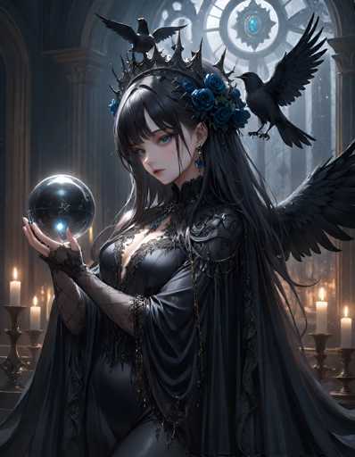 The image depicts a striking anime-style female character with long, flowing black hair adorned with blue roses. She wears a regal crown studded with blue jewels, and her attire is a black dress complemented by a flowing cape. Her piercing blue eyes and pale skin add to her ethereal appearance. The character is holding a crystal ball in her hands, and a black bird perches on her shoulder, seemingly engaged in a silent conversation with her. Her other ear is adorned with a blue earring, matching the blue theme of her accessories. The background features a grand, ornate window with a circular design and a blue jewel at its center, framed by intricate metalwork. Candles in ornate holders line the sides of the window, casting a warm glow. The room is dimly lit, with the primary illumination emanating from the window and the candles, creating a mystical ambiance.