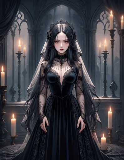 A woman with long black hair is standing in front of a window adorned with candles and crosses. She is wearing a black dress that features lace sleeves and a corset. The room has an ethereal atmosphere due to the dim lighting and the presence of candles casting shadows on the walls, creating an otherworldly ambiance.
