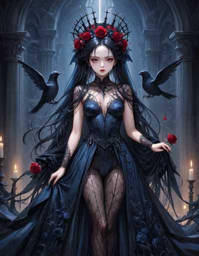The image portrays a striking young woman with long, flowing black hair adorned with a crown of red roses. Her eyes are a captivating shade of brown, and her lips are painted a bold red. She is dressed in a black corset top paired with black stockings, and a long, flowing black dress that extends to the floor. The dress features intricate designs, including roses and vines, adding to its gothic allure. Her nails are painted black, and she wears a black bracelet on her left wrist. 

Perched on either side of her are two black birds, possibly crows, with red eyes that mirror her own. The background is a dimly lit, gothic-style building with tall, arched windows and stone columns, creating an eerie atmosphere. Candles in ornate candle holders line the walls, casting a flickering light that enhances the mysterious ambiance. The overall scene is dark and haunting, with the woman's pale complexion and the red roses providing stark contrasts against the shadowy surroundings.