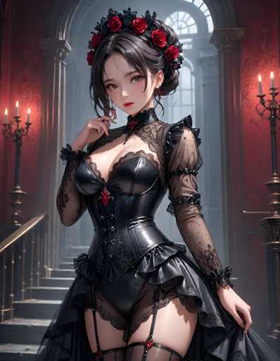 The image depicts a highly detailed, computer-generated or AI-generated artwork of a young woman, possibly in her late teens or early twenties. She has long, dark brown hair styled in a bun with a few loose strands framing her face. Adorning her hair is a black headband decorated with red roses. Her complexion is very pale, and she has striking brown eyes and a small mouth.

She is dressed in a revealing black leather corset, which features a red diamond-shaped brooch at the center. The corset is laced up the front and has a ruffled skirt that extends to her thighs. She also wears black stockings with garters, and a black choker with a red bow around her neck. Her left hand is holding the edge of her dress, while her right hand is raised to her chin, showcasing her long, pointed fingernails.

The setting is a grand, old-fashioned mansion with red walls and large windows. A staircase with a gold railing is visible to the left, and two candelabras with lit candles are positioned on either side of her. The overall atmosphere is one of elegance and mystery, with the woman exuding a sense of allure and sophistication.