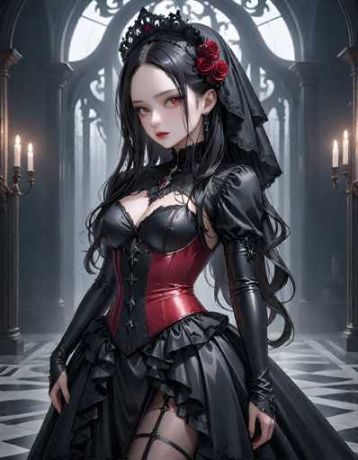 The image depicts a striking anime-style woman with long, flowing black hair adorned with a black veil and a crown-like headpiece. Her hair cascades down her back, with some strands elegantly draped over her shoulders. She has captivating red eyes and a fair complexion, complemented by a small nose and red lips. The woman is dressed in a revealing black and red corset, which features a lace-up design at the front and is paired with a matching black skirt. Black garters accentuate her legs, adding to her allure. She stands in a grand, cathedral-like setting, characterized by tall, arched windows that allow light to filter through, illuminating the space. The floor beneath her is a striking black and white checkered pattern, and candelabras with lit candles are positioned on either side of her, enhancing the dramatic ambiance.