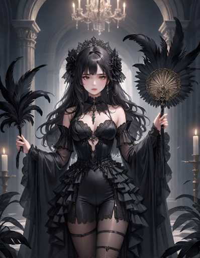 This image features a striking anime-style woman with long, flowing black hair adorned with flowers. She is dressed in an elaborate black outfit that includes a corset, tights, and a long cape. In her hands, she holds a black feather fan and a black feather duster, adding to her gothic allure. The background is a dimly lit, ornate room with grand archways, a chandelier, and lit candles in candlesticks, creating a mysterious and ethereal atmosphere. The color palette is predominantly black, gray, and white, with subtle hints of green from the plants and a touch of red on her lips. The overall composition exudes a sense of elegance and mystique, reminiscent of a scene from a high-fashion advertisement or a fantasy anime.