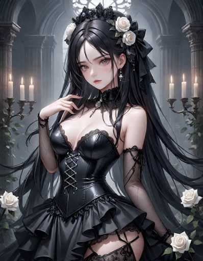 This image features a striking anime-style female character with long, flowing black hair adorned with white roses and green leaves. She has large, expressive brown eyes and wears a black choker with a silver pendant. Her attire includes a black leather corset laced up the front, complemented by black garters on her legs. She also sports sheer black sleeves that extend from her elbows to her wrists. The character's pose is captivating, with her right hand raised near her chest, fingers elegantly splayed. The background is a misty gray, with a stone archway and columns framing the scene. Candelabras with lit candles are positioned on either side of her, adding a touch of warmth to the otherwise dark and ethereal setting. White roses are scattered around her, enhancing the gothic and romantic atmosphere.
