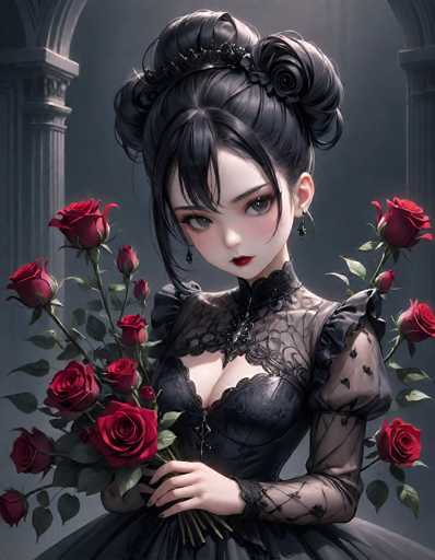The image depicts a striking anime-style woman with black hair styled in an elaborate updo, featuring two buns on either side of her head and a central bun adorned with a black rose. Her bangs partially cover her face, complementing her large, expressive gray eyes and small nose. She wears a black dress with sheer sleeves and a lace collar, which is low-cut and laced up the front. Her lips are painted a vivid red, and she holds a bouquet of red roses in her right hand. The background is a dark gray, with two stone pillars framing the scene on either side, adding to the gothic atmosphere. The overall composition is vertical, emphasizing the woman's elegant and somewhat mysterious presence.