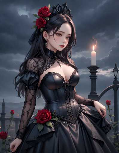 The image depicts a woman wearing a black dress with a red rose on her head and holding a lit candle. The background features dark clouds and a castle-like structure, suggesting an atmospheric or Gothic setting.