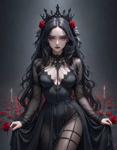 The image portrays a striking anime-style woman with long, wavy black hair cascading down to her waist. She is adorned in a gothic-inspired ensemble, featuring a black dress with sheer sleeves and a deep neckline that reveals her cleavage. The dress is accentuated by black garters on her legs, adding to the gothic aesthetic. Her pale skin contrasts sharply with her dark attire, and she wears a black choker around her neck. Her eyes are a mesmerizing reddish-brown, and her lips are painted a vivid red. Atop her head sits a black crown embellished with red roses, enhancing her regal yet dark appearance. She holds a rose in each hand, with the rose on her left hand positioned lower than the one on her right. The background is a dark gray, and the floor is scattered with red roses, interspersed with a few lit candles, creating a mysterious and enchanting atmosphere.