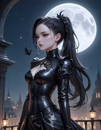 A woman with long dark hair is standing on a street at night, wearing a black dress and corset that accentuates her figure. She has a bird perched on her shoulder, adding an element of mystery to the scene. The background features a full moon and buildings in the distance, creating a sense of depth and atmosphere.