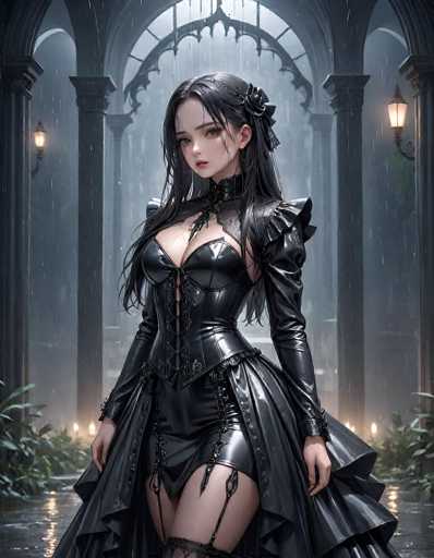 This image features a striking anime-style female character with long, dark hair adorned with a black rose barrette. She is dressed in a revealing black leather corset that accentuates her chest and waist, paired with a matching leather skirt. The corset is intricately detailed with chains that drape down to her thighs, adding a touch of edginess to her ensemble. Her outfit is completed with black stockings, visible from the knees down. The character's face is framed by her long hair, which cascades down to her waist, and she has a pale complexion with a hint of pink on her lips. She stands in a dramatic pose, gazing directly at the viewer. The background is a grand, ornate building with tall, arched windows and columns, illuminated by lanterns that cast a warm glow. The scene is set on a rainy night, with water reflecting off the ground, enhancing the atmospheric and moody ambiance of the image.