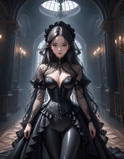 The image depicts a strikingly gothic scene featuring a young woman with long, dark hair adorned with a black veil and flowers. She is dressed in a revealing, black corset that ties up the front, paired with black tights and a sheer black lace top. Her ensemble is completed with a long, flowing black dress that has a ruffled bottom. The woman stands in the center of a grand, ornate hallway, which is dimly lit by candelabras mounted on the walls. The hallway features a wooden floor with a diamond pattern and is flanked by tall, arched windows that allow light to filter through, creating a dramatic contrast with the dark surroundings. The overall atmosphere is one of eerie elegance, reminiscent of a scene from a horror movie or a gothic-themed video game.