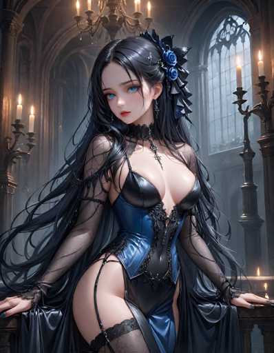 The image depicts a striking anime-style woman with long, flowing black hair adorned with a blue flower. She has piercing blue eyes and is dressed in a revealing outfit that combines elements of a corset and lingerie, featuring black cups over her breasts and a blue corset-like structure. Her attire is accentuated by sheer, black sleeves that extend from her shoulders to her wrists, and she wears black garter stockings. The woman is posed with her hands resting on a table, her head slightly turned to the left, gazing directly at the viewer.

The setting appears to be a dimly lit, medieval-style church or cathedral, characterized by large arched windows and numerous candles. The background is filled with a smoky haze, adding to the mysterious and ethereal atmosphere. A chandelier hangs from the ceiling, casting a soft light over the scene. The overall ambiance is dark and moody, with the woman's pale skin and vibrant blue eyes creating a stark contrast against the shadowy surroundings.
