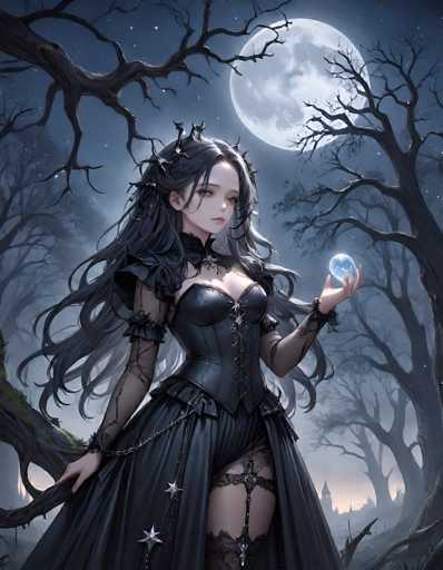 In this captivating image, a young woman stands in a dark, eerie forest, her presence both haunting and enchanting. She is dressed in a striking black gown adorned with intricate details. The dress features a corset-like bodice with lace-up ties, and the skirt is embellished with lace and silver stars. Her long, flowing black hair cascades down her back, partially covering her chest. She wears a delicate crown made of thorns, adding to her ethereal appearance.

Her right hand rests on a gnarled tree branch, while her left hand holds a glowing orb that emits a soft light, illuminating her pale face. The scene is set under a full moon, casting an otherworldly glow over the landscape. In the background, a gothic castle with a prominent steeple looms, enhancing the mystical atmosphere. The trees surrounding her are bare and twisted, their branches reaching out like skeletal fingers, contributing to the overall sense of mystery and enchantment.