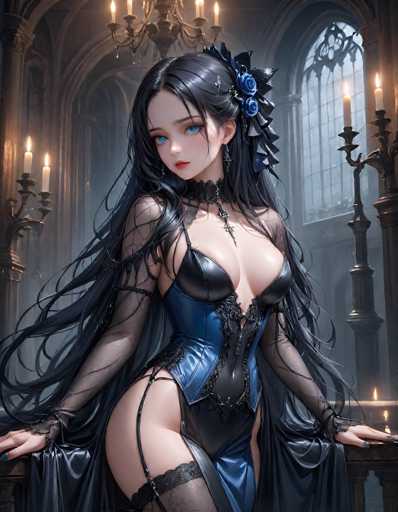 A beautiful anime girl with long, flowing black hair and piercing blue eyes is posed in a dimly lit, gothic-style room. She's wearing a dark, ornate outfit with lace details and a corset-like bodice, revealing a hint of her midriff. The background features tall, arched windows with stained-glass patterns and flickering candles on ornate candelabras. Her expression is alluring, with a slightly seductive gaze directed towards the viewer. The overall atmosphere is mysterious and elegant, reminiscent of a fantasy setting.