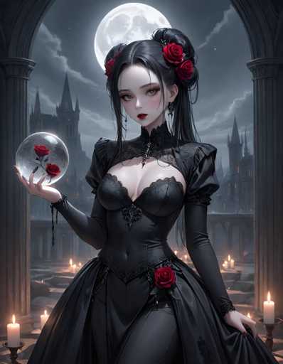 A woman dressed in black with red roses on her head and shoulders stands in front of a castle under a full moon. She holds a crystal ball containing a rose in her hand.