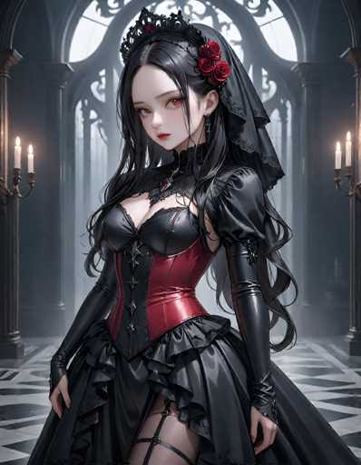 A beautiful, anime-style woman in a gothic Victorian dress stands in a dimly lit, ornate room. She has long, flowing black hair adorned with a black lace headpiece and red roses. Her dress is primarily black with a contrasting red bodice, featuring intricate details like lace and ruffles. She has pale skin, striking red eyes, and a slightly melancholic expression. The background is blurred but suggests a grand, gothic setting with dark architecture and candlelight. The overall style is detailed and atmospheric, emphasizing the elegance and mystery of a gothic aesthetic.