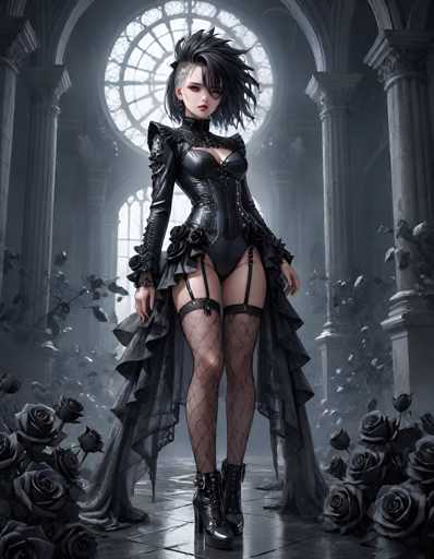 The image depicts a striking gothic scene set within a grand, ornate building. At the center stands a woman with a dramatic black mohawk, shaved sides, and pale skin. She wears a form-fitting black leather corset with long sleeves, adorned with rose embellishments at the elbows, and a flowing black skirt that extends to the floor. Her attire is completed with fishnet stockings and high-heeled black boots. The woman's expression is serious, her eyes half-closed, and she gazes directly at the viewer. Surrounding her are numerous black roses, with some scattered on the floor and others climbing up the stone columns that frame the scene. The background features a large, circular stained glass window, adding to the gothic atmosphere. The overall color palette is dominated by shades of black, gray, and white, with the only splash of color being the woman's pale skin.