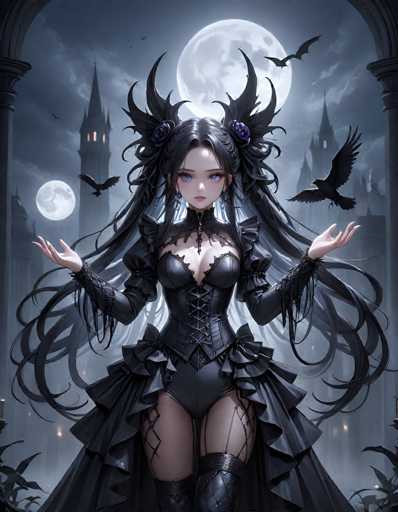 This detailed illustration depicts a gothic anime-style girl with long, dark hair adorned with black roses. Her hair is styled into two ponytails, each topped with a rose, and the rest cascades down her back in wispy tendrils. She has striking blue eyes and wears a black corset with ruffles on the sides, complemented by thigh-high stockings and black boots. Her hands are raised with palms facing up, as if channeling energy. The background features a dark, cloudy night sky illuminated by two full moons, one larger and closer to her, and the other smaller and further away. Two black crows hover near the moons, adding to the eerie atmosphere. Behind her, a gothic castle with tall, pointed towers and glowing windows looms, framed by stone archways. The scene is shrouded in fog, enhancing the mysterious and haunting ambiance.