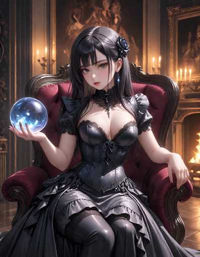 In this captivating image, a young woman is seated in an ornate chair, exuding an air of mystery and elegance. She is adorned in a striking black dress that features a low-cut neckline, revealing a hint of cleavage, and is complemented by a high collar that adds a touch of sophistication. The dress is accentuated with ruffles at the bottom, adding a delicate flair to her ensemble. Her long, black hair cascades down her shoulders, adorned with a black flower clip on the right side, and her bangs elegantly frame her face. She wears a single earring that dangles from her left ear, catching the light and adding a subtle sparkle.

In her right hand, she holds a crystal ball, its surface reflecting light and hinting at hidden secrets within. Her nails are painted a soft pink, adding a touch of femininity to her otherwise dark attire. The chair she sits on is a masterpiece of craftsmanship, with a wooden frame and plush red velvet upholstery, providing a striking contrast to her black dress.

The background is rich with detail, featuring a grand fireplace on the right side, its flames casting a warm glow. Above the fireplace hangs a large, ornate mirror with a gold frame, reflecting the room's opulence. To the left, a candelabra with three lit candles adds to the ambiance, its golden arms stretching out gracefully. The walls are adorned with intricate gold designs, and a painting hangs behind her head, completing the scene with an air of classic elegance.