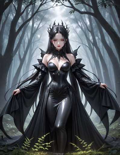 In this captivating image, a young woman stands gracefully in a dense forest, exuding an aura of mystique. She is adorned in a striking black leather dress that accentuates her figure, paired with a flowing cape that adds an air of regality to her ensemble. Her long, flowing black hair cascades down her back, complementing the intricate crown that adorns her head. The crown, also black, features delicate spikes that add a touch of edginess to her ethereal appearance. Her eyes, a mesmerizing shade of red, draw immediate attention, while her pale complexion enhances the dramatic effect. She stands with one leg slightly bent, adding a sense of movement and elegance to her pose. The forest around her is shrouded in a misty fog, with tall trees forming a natural canopy above. The ground beneath her is covered in lush green grass, dotted with small plants and leaves, creating a serene yet enchanting backdrop for this striking figure.