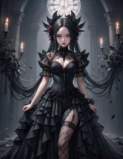 The image depicts a young woman with long, dark hair adorned with roses and leaves. She is dressed in a gothic-style outfit, featuring a black corset with lace-up details and a ruffled skirt. Her ensemble is complemented by fishnet stockings on her right leg. The woman stands in a dimly lit, ornate room with tall arches and a large circular window above her head. Candles on candlesticks line the walls, casting a soft glow that highlights the intricate details of her attire and the room's architecture. The overall atmosphere is dark and mysterious, with a color palette dominated by shades of black, gray, and white.