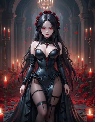 The image depicts a striking, computer-generated female character with long, flowing black hair adorned with a crown of red roses. Her eyes are a vivid red, and she wears a black leather corset with red lacing, complemented by black garter stockings. The corset features a V-shaped cutout at the top, revealing her shoulders. She stands in a dimly lit, ornate room filled with numerous red roses scattered on the floor and numerous lit candles in candlesticks. The room has a series of arches and columns, with a chandelier hanging from the ceiling. The overall atmosphere is dark and gothic, with the character's pale skin and intense red eyes creating a stark contrast against the shadowy background.