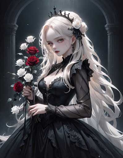 This image features a striking anime-style character with long, flowing white hair. She is adorned with a black crown and a black bow that elegantly holds back a portion of her hair. Her attire is a sophisticated black dress, complemented by a black choker that adds a touch of mystery to her ensemble. In her hands, she holds a bouquet of flowers, predominantly white with three vibrant red roses interspersed among them. The background is a muted gray, which serves to highlight the character's intricate details and attire.