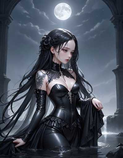 The image depicts a striking, computer-generated scene of a woman standing in a body of water, possibly a river or lake, at night. The woman, who appears to be of Asian descent, has long, flowing black hair adorned with a black flower on the left side. Her hair cascades down her back and over her shoulders, with some strands appearing to be caught in the wind. She is dressed in a revealing black leather corset with a lace collar and a long, flowing cape that drapes over her arms and down to the water. The corset features a zipper down the front, and she has a tattoo on her right shoulder. Her expression is serene, with her eyes closed and her head slightly tilted to the right. The background showcases a dark, cloudy sky illuminated by a full moon, casting a soft glow over the scene. Flanking her on either side are tall, gray stone columns, adding a classical architectural element to the composition. The water around her is dark, with visible ripples, and a waterfall can be seen in the distance. The overall atmosphere is mysterious and ethereal, blending elements of fantasy and classical beauty.