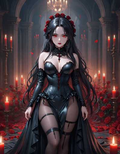 The image depicts a woman with long dark hair and red eyes standing in front of a room filled with candles. She is wearing a black dress that features a corset and thigh-high stockings. The room has multiple columns and arches, creating an atmosphere reminiscent of Gothic architecture. The candles are arranged on the walls and floor, casting a warm glow throughout the space.
