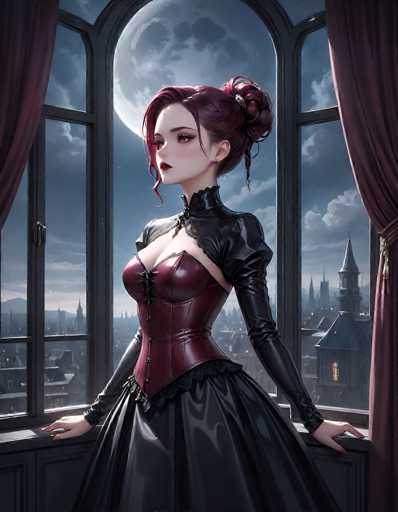 In this captivating image, a woman stands gracefully in front of a large, multi-paned window, framed by rich burgundy curtains. The window, divided into three vertical sections, offers a breathtaking view of a cityscape under a night sky. The moon, partially obscured by clouds, casts a soft glow over the scene. The woman, with her burgundy hair styled in an elegant updo, has a few strands delicately framing her face. She wears striking red lipstick and a black earring, adding to her sophisticated appearance. Her attire is a stunning combination of a burgundy corset with black leather sleeves and a black skirt, exuding a gothic charm. Her hands rest gently on the windowsill, and her gaze is directed to the left, as if lost in thought. The overall ambiance of the image is dark and moody, with the moonlight enhancing the mysterious and enchanting atmosphere.