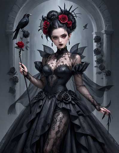 The image depicts a gothic, Victorian-inspired scene featuring a young woman in her early 20s, adorned in an elaborate black dress. The dress is intricately designed with a deep V-neckline, revealing her cleavage, and features sheer, see-through sleeves that extend to her wrists. Her hair is styled in an elaborate updo with buns, and it is decorated with red roses and black feathers. She has pale skin, dark red lips, and striking eyes—one brown and one blue—gazing directly at the viewer. Her makeup is dramatic, with dark eyeshadow and eyeliner.

In her right hand, she holds a black rose on a stick, and a black crow perches atop the rose. Her left hand is adorned with black lace gloves, and she wears a black choker around her neck. The dress has a sheer, see-through skirt with black roses embellishing the waistband, and it flares out dramatically at the bottom. She also wears black tights with intricate designs.

The background features a large stone archway, and the scene is filled with black roses and birds flying around her. The overall atmosphere is dark and mysterious, with a color palette dominated by black, red, and gray tones.
