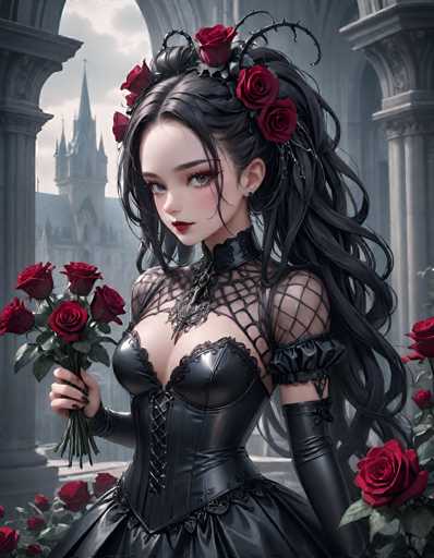 This image features a striking anime-style character with long, flowing black hair adorned with roses. She is dressed in a gothic-inspired outfit, consisting of a black leather corset and matching gloves. In her hand, she holds a bouquet of roses, adding to the dark and romantic aesthetic. The background showcases a majestic castle, enhancing the overall gothic atmosphere of the scene.
