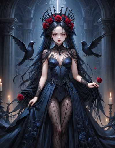 A woman with long dark hair and a blue dress adorned with red roses stands in front of a Gothic-style building, holding a bouquet of flowers. The scene is set against a dark background, creating an atmosphere of mystery and intrigue.