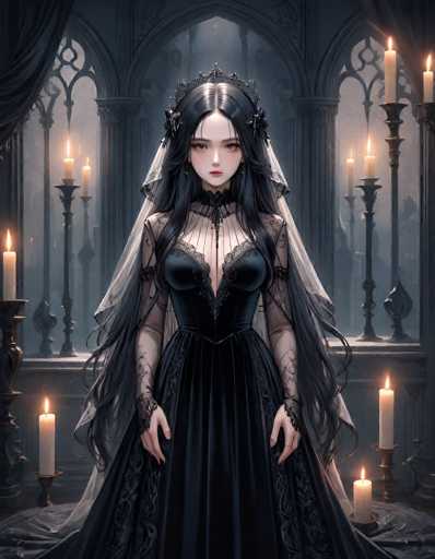 The image depicts a strikingly gothic scene featuring a woman with long, dark hair and pale skin, adorned in an elaborate black dress. The dress, which has a deep V-neckline revealing her cleavage, is complemented by intricate lace details and sheer sleeves. She wears a black veil and a tiara, adding to her ethereal appearance. Her hands rest at her sides, showcasing her long, pointed fingernails. The setting is a dimly lit room with a grayish hue, filled with numerous tall candlesticks and lit candles that cast a warm glow. Behind her, a large window with an arch and intricate metalwork frames the scene, adding to the room's ornate and eerie atmosphere. The overall composition, with its dark tones and gothic elements, evokes a sense of mystery and melancholy.