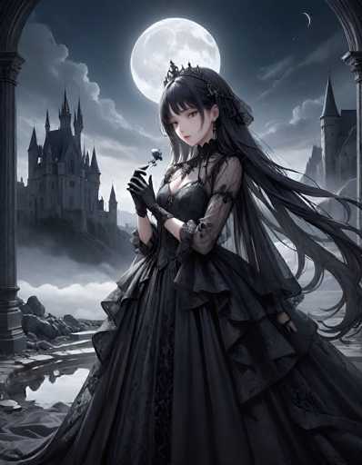 The image depicts a striking anime-style woman with long, flowing black hair adorned with a tiara. She is dressed in an elaborate, gothic-inspired black gown featuring sheer sleeves and a corset-like bodice. Her pale skin contrasts sharply with her dark attire, and she wears black gloves. The woman is holding a blue flower delicately in her right hand, which is raised to her chest. She stands on a rocky outcrop beside a small body of water, with a grand, dark gray castle looming in the background. The castle, reminiscent of Dracula's fortress, is partially obscured by clouds and mist, adding to the eerie atmosphere. The night sky is filled with a full moon and stars, casting a silvery glow over the scene. The overall composition is dark and gothic, with the woman's elegant pose and the mysterious castle creating a hauntingly beautiful image.