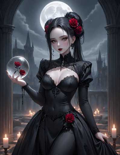 In this captivating image, a young woman stands poised in a gothic-inspired setting. She is adorned in a striking black dress that features a deep neckline, revealing a hint of cleavage. The dress is accentuated with intricate lace details around the shoulders and chest, adding a touch of elegance to her ensemble. A prominent red rose is pinned to her hip, drawing attention to her side.

Her long, black hair cascades down her back, with two buns positioned on either side of her head, each embellished with a red rose. Her makeup is bold and dramatic, with dark red lipstick and smoky eye shadow that enhances her enigmatic expression. She gazes directly at the camera, exuding confidence and mystery.

In her right hand, she holds a crystal ball containing two red roses, adding an element of mysticism to the scene. The background is equally atmospheric, featuring a large, dark gray castle with numerous pointed roofs. The sky is a deep blue, dotted with clouds, and a full moon casts a soft glow over the entire scene. Candles are scattered on the ground, their flickering flames contributing to the eerie ambiance. The woman stands within a grand archway, framed by imposing columns, completing this gothic tableau.