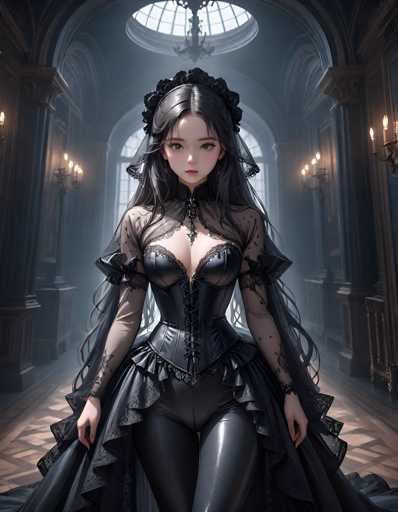 A woman is standing in an ornate hallway with a large window and chandelier above her. She is wearing a black dress that has a ruffled skirt and a corset underneath it. The floor beneath her feet is made of wood, adding to the grandeur of the scene.