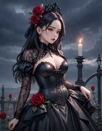 The image depicts a striking young woman with long, dark hair adorned with red roses. She is dressed in a gothic-inspired outfit, featuring a black leather corset with lace detailing and a sheer, lacy top. Her ensemble is completed with a black leather skirt and a choker necklace. The woman's blue eyes and red lips add to her captivating appearance. She stands against a backdrop of dark, stormy clouds, with a lit candle on a pedestal to her right. The scene is further embellished with roses and a gothic-style lamppost, enhancing the eerie, gothic atmosphere. The overall aesthetic suggests she could be a character from a video game or an AI-generated image.