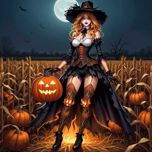 A woman dressed as a witch stands in a field filled with pumpkins and corn stalks under the night sky. She holds a pumpkin lantern and wears a black dress, hat, and boots.