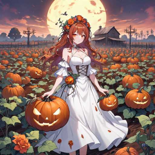 A captivating anime illustration depicts a young woman standing in the middle of a vast pumpkin field. She is adorned in a flowing white dress, which features a laced-up corset at the front. Her long, wavy brown hair cascades down her back, and she wears a floral crown made of orange and red flowers. The woman's striking orange eyes and the glowing orange pupils add a mystical touch to her appearance. She holds a large, intricately carved jack-o'-lantern in her right hand, while her left hand grasps a smaller pumpkin. The pumpkin field stretches endlessly into the distance, with hundreds of pumpkins scattered across the landscape. In the background, a wooden farmhouse stands silhouetted against a dark, cloudy sky. The full moon looms large, casting an eerie glow over the scene, and a few birds can be seen flying in the night sky. The overall atmosphere is both enchanting and slightly ominous, perfectly capturing the essence of a Halloween night.