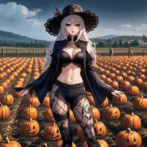 In this captivating image, an anime-style female character stands confidently in the middle of a vast pumpkin field. She is adorned in a striking black lace outfit, featuring a black bra and matching panties, complemented by fishnet stockings. Her ensemble is accentuated by a long black jacket with frilly sleeves, and a wide-brimmed black hat adorned with a feather, adding a touch of elegance to her look. The character's long gray hair cascades down her back, framing her face with a delicate fringe. She has a fair complexion, brown eyes, and a small mouth, exuding a serene yet alluring presence.

The pumpkin field around her is filled with rows upon rows of orange pumpkins, many of which have been carved into jack-o'-lanterns, adding a festive touch to the scene. The sky above is a deep blue, dotted with fluffy white clouds, and the distant horizon is lined with trees and rolling hills, creating a picturesque backdrop. The character's pose is both inviting and mysterious, with her arms outstretched and her gaze directed straight at the viewer, creating a sense of engagement and intrigue.