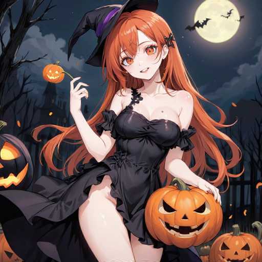 In this captivating Halloween-themed image, a striking anime-style female character stands at the center, embodying both allure and festive spirit. She is adorned in a provocative black dress that daringly reveals her legs, accentuating her curvaceous figure. Her long, flowing red hair cascades down her back, complementing her vibrant orange eyes that gleam with an eerie charm. Atop her head sits a classic black witch's hat, adorned with a purple ribbon that adds a touch of mystique.

In her left hand, she holds a large, menacing jack-o'-lantern, its carved face glowing with an ominous light. Her right hand delicately grasps a smaller jack-o'-lantern, adding to the Halloween ambiance. The backdrop is a dark, foreboding night sky, illuminated by a full moon that casts an ethereal glow over the scene. Bats flutter silhouetted against the moon, while a gothic-style building looms in the distance, enhancing the eerie atmosphere.

The foreground is scattered with more jack-o'-lanterns, their orange lights piercing the darkness, and barren trees with twisted branches frame the scene, completing this hauntingly beautiful Halloween tableau.
