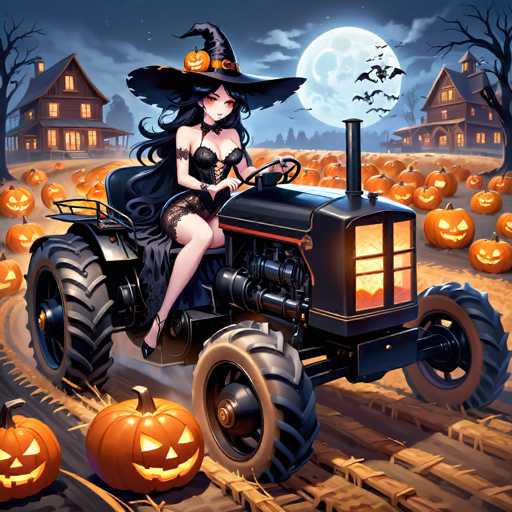 In this vibrant Halloween-themed illustration, a young woman dressed as a witch sits confidently on a tractor. She wears a classic black witch's hat adorned with a jack-o'-lantern, and her long black hair cascades down her shoulders. Her outfit is a revealing corset top paired with a garter, and she completes her look with black high heels. The tractor, which features a red stripe along its side, is equipped with large black tires and a black seat. The interior of the tractor is warmly lit, casting a cozy glow. Surrounding the scene are numerous orange jack-o'-lanterns, adding to the festive atmosphere. In the background, two houses are visible, one on the left and one on the right, both illuminated from within. The night sky is a deep blue, dotted with clouds, and a full moon casts its silvery light over the entire scene.