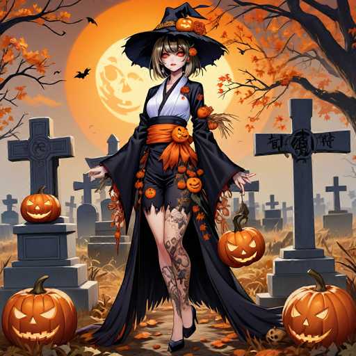 In this captivating Halloween-themed image, a striking anime-style witch stands poised in a graveyard. She is adorned in a long, flowing black dress with an orange sash around her waist, and her ensemble is complemented by a classic black witch's hat. Her eyes are a mesmerizing shade of orange, adding to her mystical aura. The witch's dress is intricately decorated with orange pumpkins and flowers, enhancing the autumnal feel. She holds a pumpkin in her left hand, while her right hand is empty, allowing her dress to cascade elegantly around her feet. Her legs are adorned with numerous tattoos, adding an element of edginess to her appearance. She completes her look with sleek black high heels.

The backdrop features a large, luminous full moon, casting an eerie glow over the scene. Surrounding the moon are orange leaves and silhouettes of black bats, amplifying the spooky atmosphere. The graveyard is filled with gray headstones, some inscribed with Asian characters, and others marked with traditional crosses. Orange jack-o'-lanterns are scattered throughout the area, with two placed at her feet and one on each side of her. The ground is strewn with orange leaves, adding to the overall autumnal and Halloween ambiance.