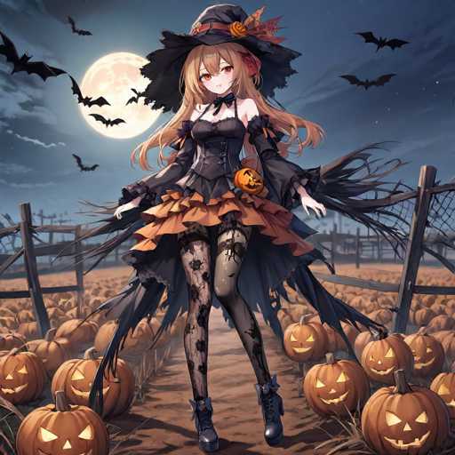 In this captivating Halloween-themed illustration, a young anime girl stands confidently in the middle of a pumpkin field. She is adorned in a striking black dress with a frilly skirt, complemented by black tights and matching black boots. Her ensemble is topped off with a classic black witch's hat, which features a vibrant red ribbon and an array of colorful leaves in shades of orange, red, and brown. The girl's long, flowing hair cascades down to her waist, adding to her mystical appearance.

The scene is set under a dark, cloudy sky illuminated by a full moon, casting an eerie glow over the landscape. Scattered around her are numerous jack-o'-lanterns, their glowing eyes and noses creating a spooky ambiance. A wooden fence runs parallel to the path she stands on, adding depth to the background. Above her, a swarm of bats flutters through the air, enhancing the Halloween atmosphere. The overall composition beautifully captures the essence of the holiday, blending elements of mystery and festivity.